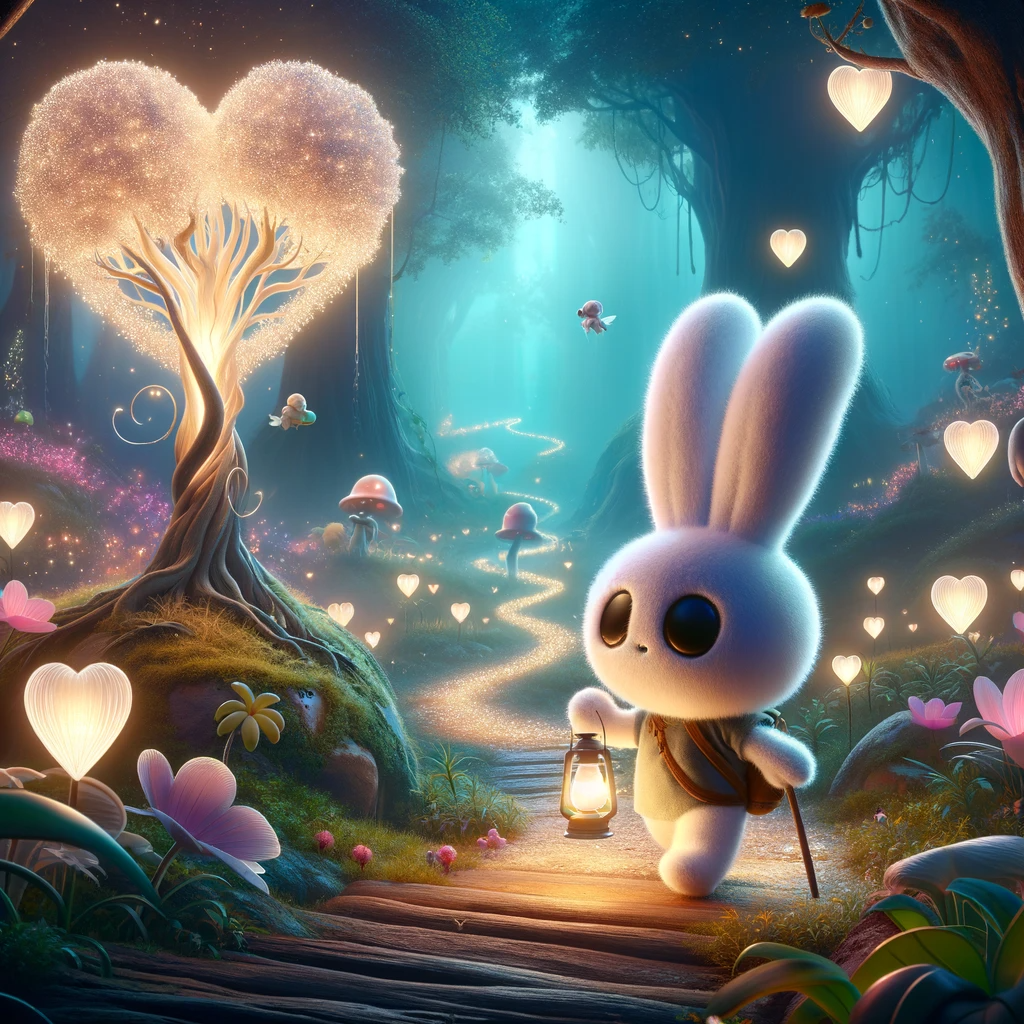 a cotton bun character on an imaginative journey exploring the theme of 'What is Love